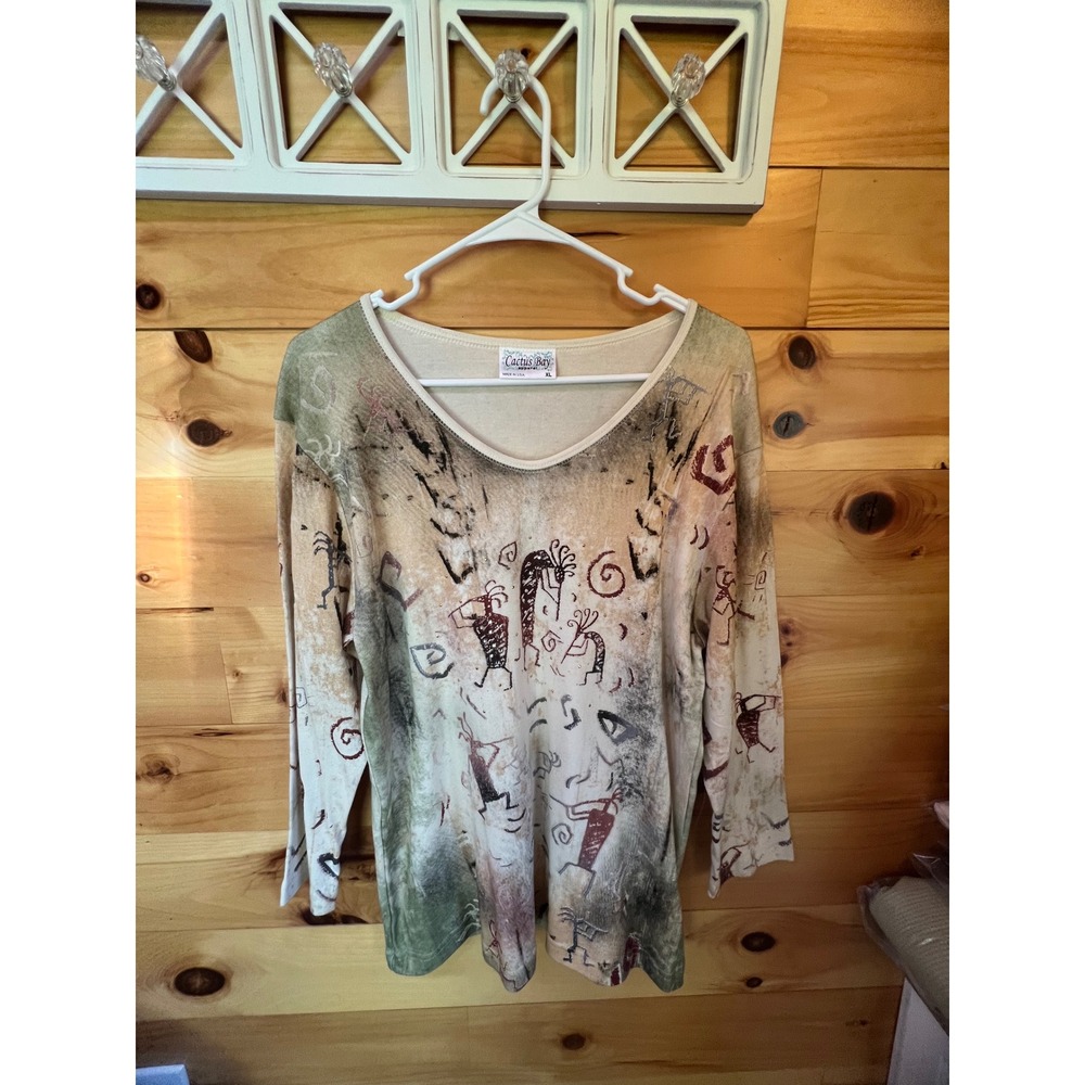 Cactus Bay Womens XL Kokopelli Petroglyph Top Rhinestone Cotton Southwest Tan - Picture 2 of 8
